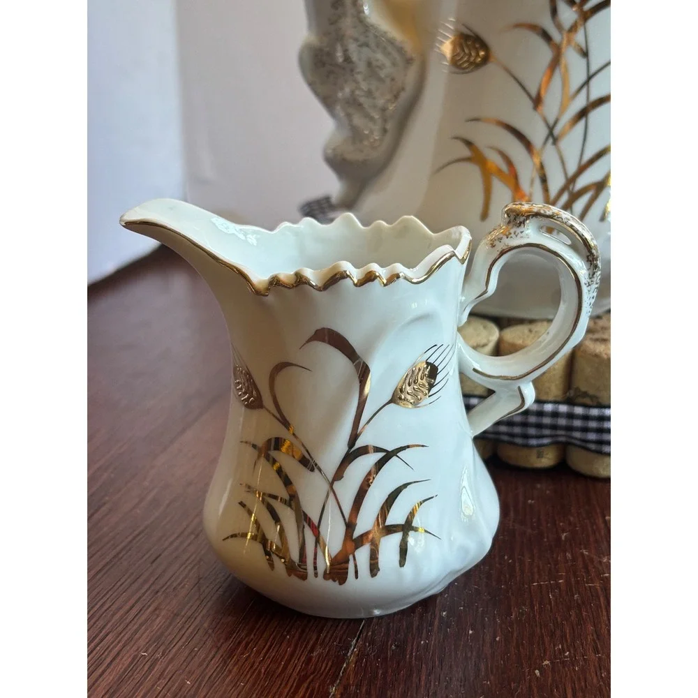 Lefon China Vintage Hand Painted Gold Wheat Tea Set Teapot Sugar Creamer 20595